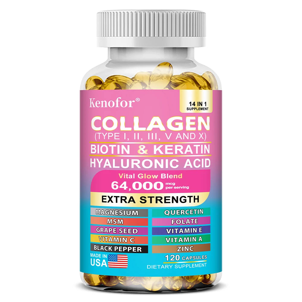 14-in-1 Collagen Capsules - Biotin & Keratin Skin Care Product Booster Anti Aging Whitening Skin Nail and Hair Care Supplement