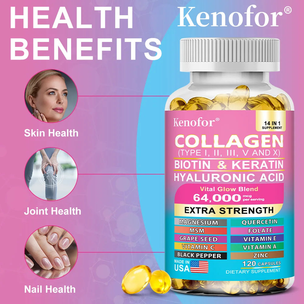 14-in-1 Collagen Capsules - Biotin & Keratin Skin Care Product Booster Anti Aging Whitening Skin Nail and Hair Care Supplement