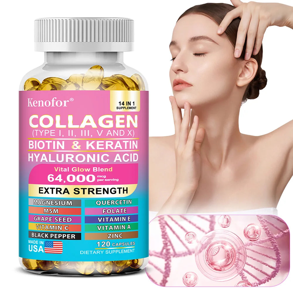 14-in-1 Collagen Capsules - Biotin & Keratin Skin Care Product Booster Anti Aging Whitening Skin Nail and Hair Care Supplement