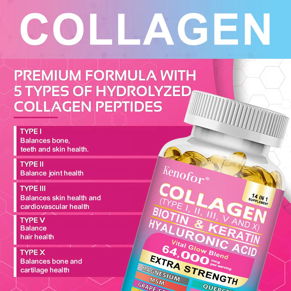 14-in-1 Collagen Capsules - Biotin & Keratin Skin Care Product Booster Anti Aging Whitening Skin Nail and Hair Care Supplement